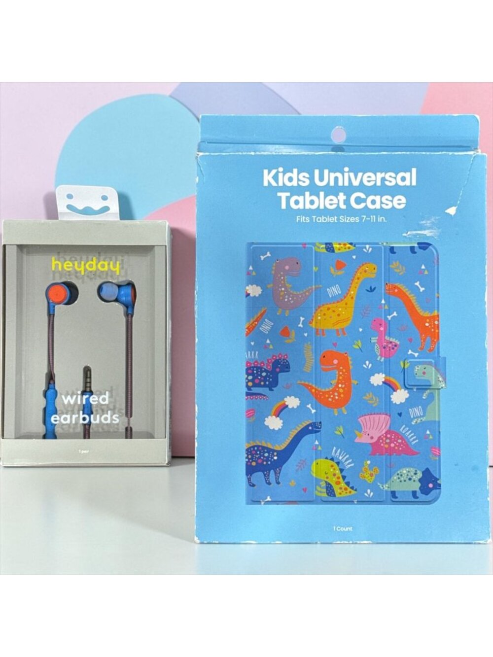 Heyday Wired Earbuds & Kids Universal Tablet Case With Dinosaur Design Fits 7-11